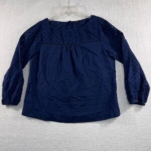 J. Crew Navy Blue Eyelet Lace Cotton Linen Long‎ Sleeve Casual Blouse Women